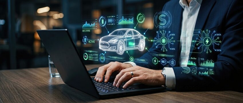 Innovative technology in automotive industry virtual car concept demonstration modern office setting digital interaction nighttime atmosphere