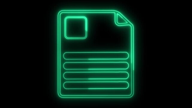 Neon file icon animation on black background. Neon file icon green digital document symbol. Neon file icon professional data management graphic on black background.