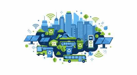 Fototapeta premium Sustainable Smart City Vector Illustration featuring Green Energy, Electric Transportation, Solar Panels, and Recycling Systems for Eco-Friendly Urban Living