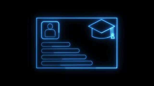 Neon id card animation with graduation cap. Neon id card digital education identity symbol. Neon id card student certification graphic on black background.