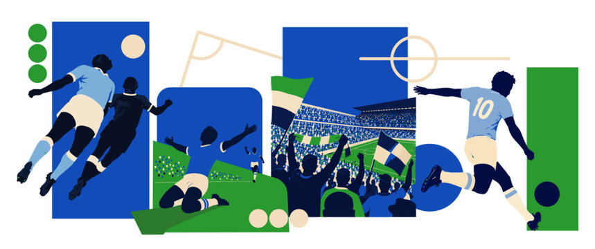 Soccer players in action, dynamic graphic illustration of football match, sport competition, teamwork and victory
