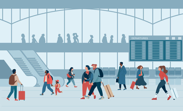 Passengers waiting in modern public transport terminal lounge
