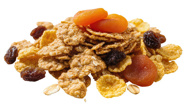 Assorted crunchy cereal flakes raisins apricots, and dried mangoes