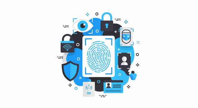 Biometric Security and Digital Identity Verification Illustration Featuring Fingerprint, Face Recognition, Iris Scan, and Cyber Data Protection Icons