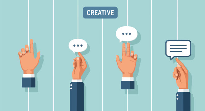 Diverse engaged human hands interacting with white speech bubble icons on a clean light blue background, concept for online communication, social media marketing and team collaboration.