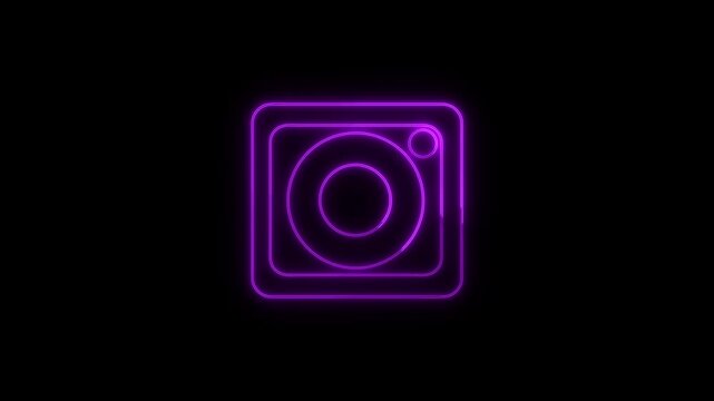 Neon camera icon animation on black background. Neon camera icon purple social media symbol. Neon camera icon photography technology graphic on black background.