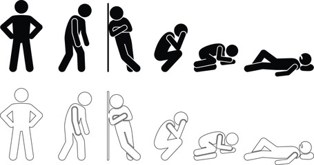 Obraz premium Tired Weak and Sick People Stick Figure Icon Set Men Body Language Postures and Feelings