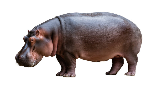 Large gray Hippo standing sideways with wrinkled skin and small ears
