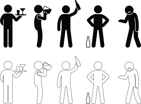 Alcoholism and Drunk Man Drinking Wine Beer and Alcohol Beverage Stick Figure Icon Set