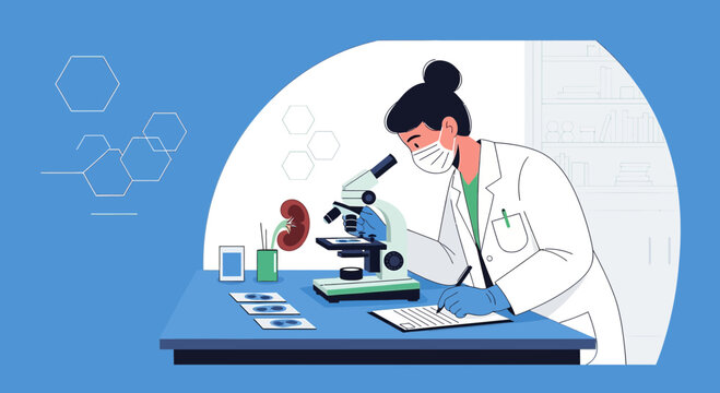 Scientist examining kidney sample under microscope in laboratory, medical research concept