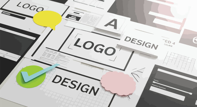 Detailed top-down shot of documents with 'logo' and 'design' text, alongside colorful speech bubbles, concept for branding, graphic design, and marketing materials.