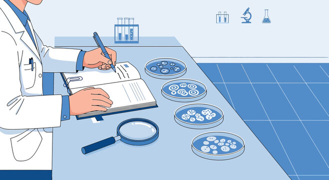 Scientist examining petri dishes with magnifying glass, taking notes in lab notebook, science research