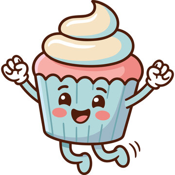 A cheerful cartoon cupcake with frosting appears happy and dancing alone