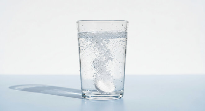 Effervescent hydration tablet dissolving in a clear glass of water, creating white bubbles and a fizzing trail. Perfect for rapid electrolyte replenishment and staying hydrated throughout the day.