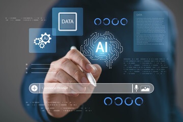 Obraz premium Artificial intelligence concept with AI brain interface, hand using stylus and smartphone interacting with data system, machine learning, digital technology, automation, data analysis and innovation