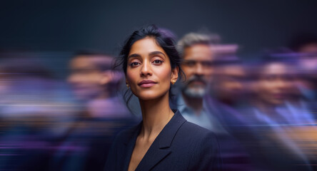 Obraz premium Professional Indian Businesswoman Remaining Still and Calm Within Purple Abstract Crowd Motion