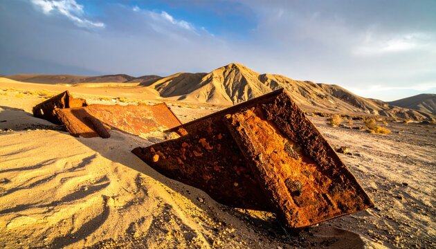 A weathered rusted iron plate with thick flaking surface textures resting partially buried in the sand of a vast arid desert landscape under a dramatic evening sky at sunset, cinematic widescreen.