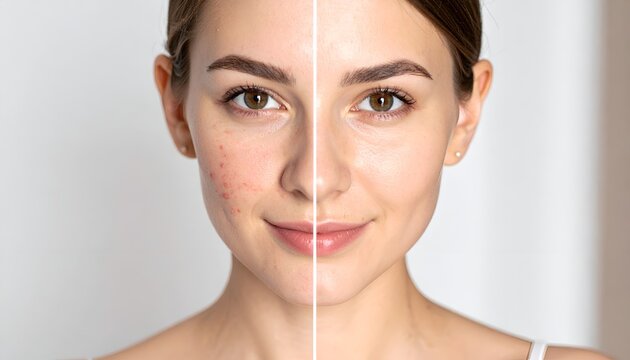 Before and after acne treatment comparison, same American woman face split image