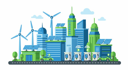 Obraz premium Smart Green City Concept with Renewable Energy, Solar Panels, Wind Turbines and Electric Vehicle Charging Stations Vector Illustration