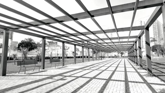 Monochrome Pergola Walkway with Shadow Patterns, S&atilde;o Paulo