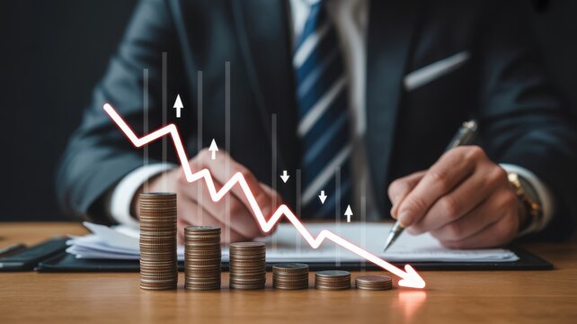 Businessman analyzing financial loss and economic recession with a downward red arrow graph and coin stacks.