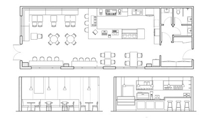 Minimal CAD Cafe Interior Layout Set – Top View Coffee Shop Counter Seating Elevation Architectural Line Drawing © Narmada
