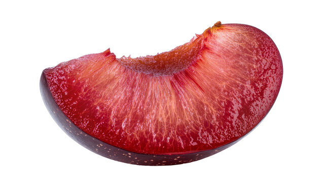 Red juicy plum slice with bite mark and visible flesh