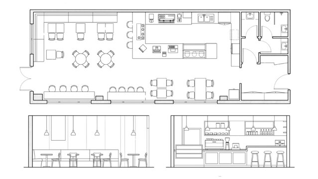 Minimal CAD Cafe Interior Layout Set &ndash; Top View Coffee Shop Counter Seating Elevation Architectural Line Drawing