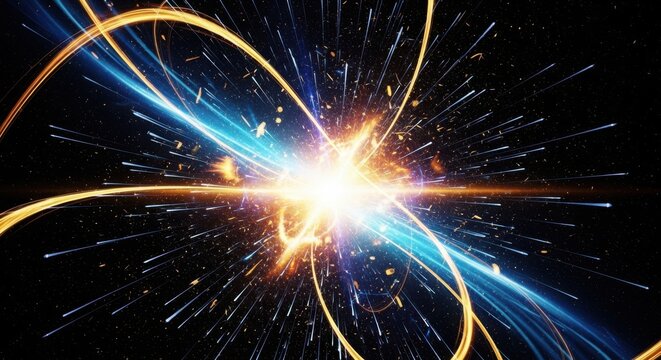 Bright light explosion with blue and yellow energy streaks and sparkling