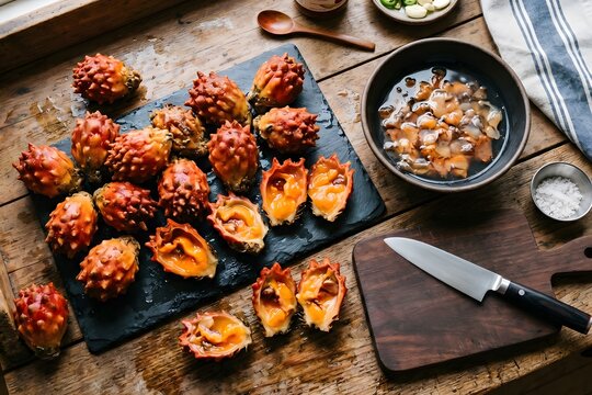 Fresh Raw Pineapple Sea Squirts Preparation on Rustic Wooden Table with Chef Knife