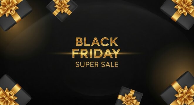 Black friday super sale announcement with gift boxes and confetti, gold ribbon