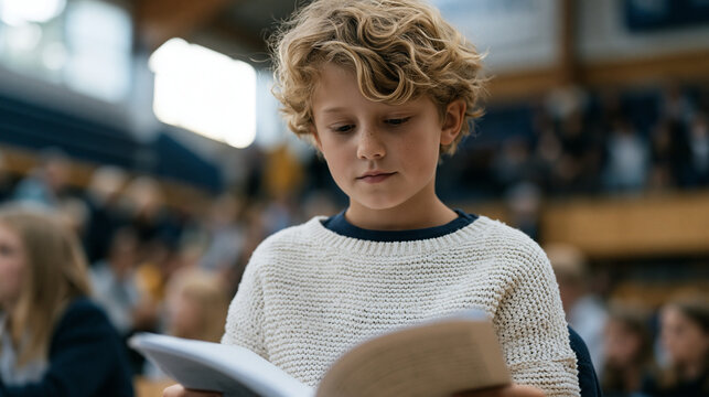 Ten-year-old student finishing advanced math workbook early and staring at gymnasium ceiling during school assembly while peers watch performance, isolated and understimulated, overcast window light