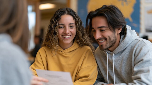 Syrian couple receiving their mortgage approval letter from a credit union loan officer, officer pointing at figures, the couple leaning in together, American map on the wall, immigrant homeownershi