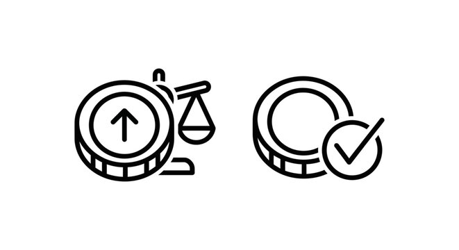 Token weighted vote and token vote icons with scales and checkmark weighted election democracy currency judgment checkmark decision selection strategy blockchain cryptocurrency investment