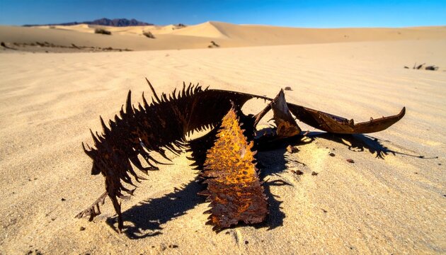Jagged metallic debris fragments resting in the vast arid desert sand dunes. This cinematic wide shot highlights the weathered textures of abandoned scrap metal against a barren sandy landscape.