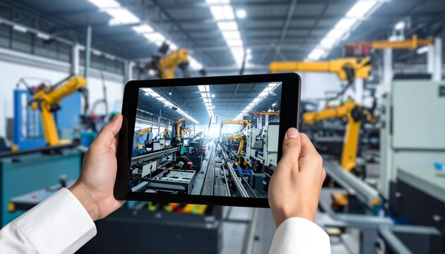 Augmented reality in smart factory - tablet displaying factory floor.