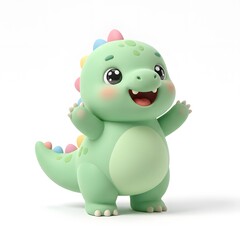 Fototapeta premium Adorable 3D rendered cartoon baby dinosaur character with pastel colored spikes and big expressive eyes, standing cheerfully on a clean white background with arms raised.