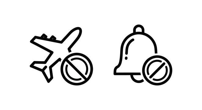 Flight cancelled and cancel notice icons featuring an airplane and a bell notification symbol with a cross-out sign for travel disruptions and alert cancellations cancelled airplane notification