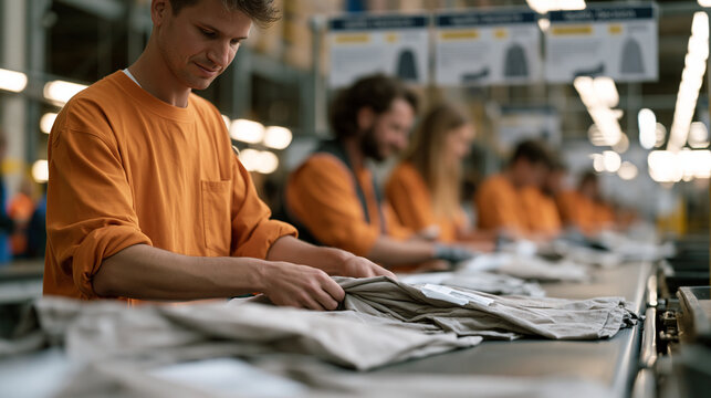 Returns warehouse processing team works rapid triage line, each associate applying different condition-grade sticker to returned apparel items moving on conveyor, quality decision boards mounted abo