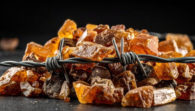 Raw Amber Gemstone Pile Entangled in Sharp Barbed Wire, Symbolizing Conflict Between Precious Natural Resources and Industrial Restriction, Cinematic Widescreen View for High Impact Photography.
