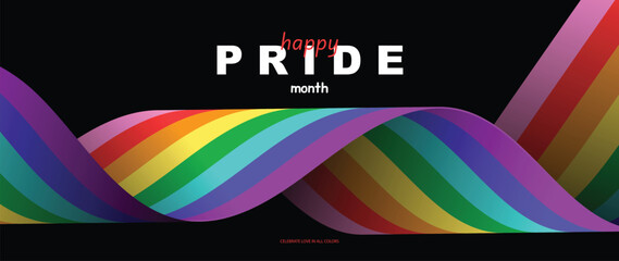 Naklejka na ściany i meble Happy Pride Month rainbow wave background vector. Colorful LGBT celebration banner design for equality, diversity, love, parade, festival, social media and event poster.