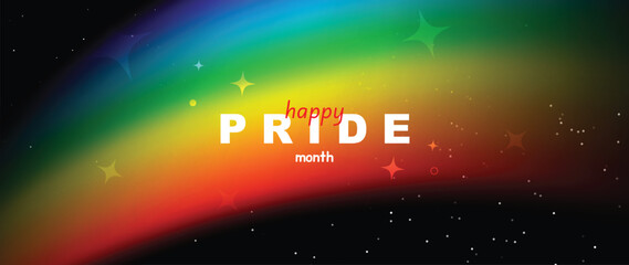 Naklejka na ściany i meble Pride Month rainbow gradient background vector. Minimal colorful LGBTQ celebration banner design with curved ribbons, pastel sky, sparkles and unity quote for diversity, equality and love.
