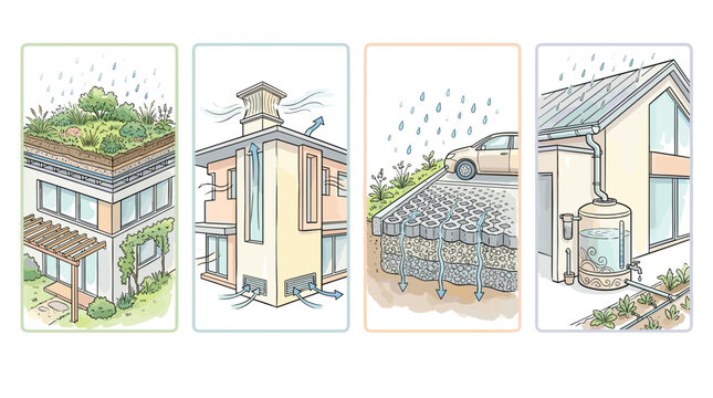 Illustration of a modern multilevel house with rooftop garden and outdoor features