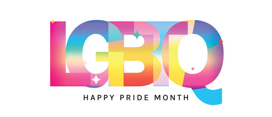 Naklejka na ściany i meble LGBTQ Happy Pride Month typography vector. Colorful gradient letter design with sparkle accents for equality, diversity, inclusion, love celebration, social media, poster and banner.