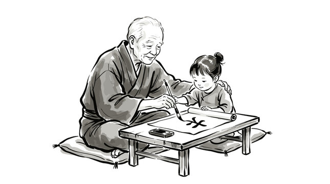 Elderly man and young girl practicing calligraphy together on a low table