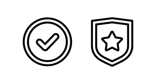 Checkmark in circle and shield with star icons checkmark confirmation approved verified agreement selection decision minimalist guarantee security protection certified
