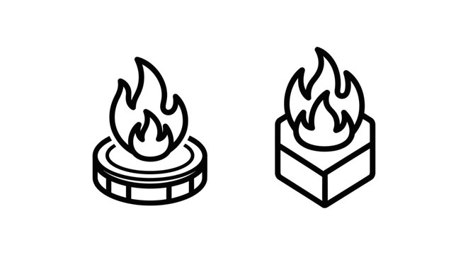 Coin burn and burn token icons with fire cryptocurrency blockchain currency economics reduction destruction inflation deflation investment exchange minimalist