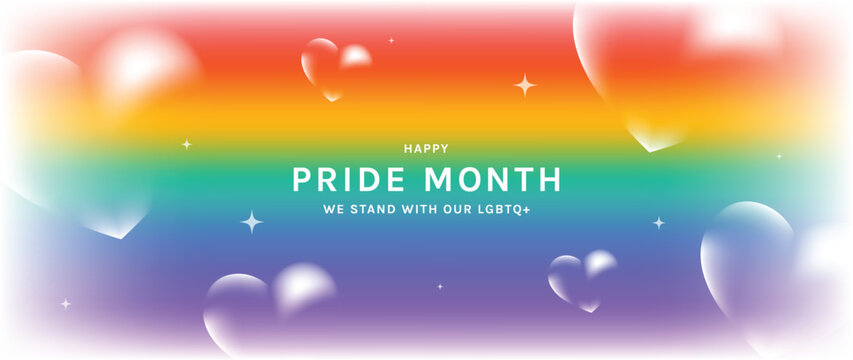 Happy Pride Month rainbow gradient background vector. Soft colorful LGBTQ celebration banner design with glossy hearts and sparkles for equality, diversity, love, unity, parade and social media.