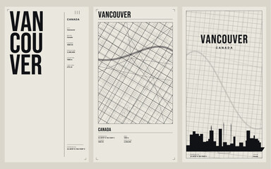 Obraz premium Minimalist vancouver canada city map and skyline poster set vector illustration