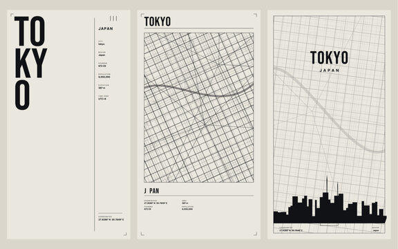 Minimalist tokyo japan city map and skyline poster set vector illustration